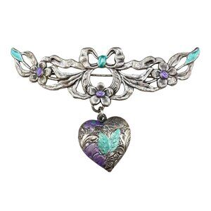 Vintage Silver Tone Floral Brooch With Purple & Green Enamel Heart Dangle Pendan